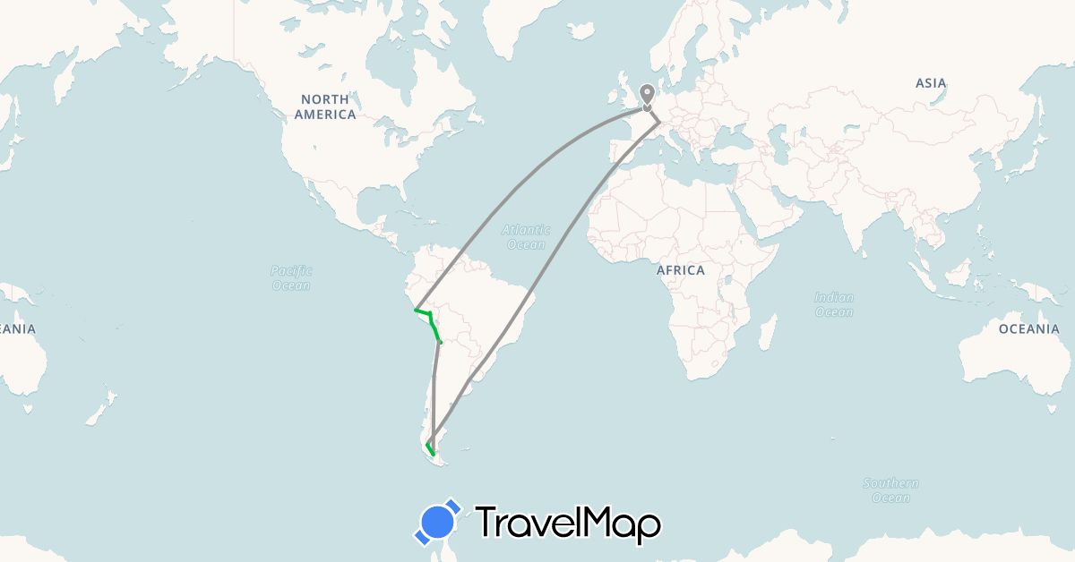 TravelMap itinerary: bus, plane in Argentina, Belgium, Switzerland, Chile, Peru (Europe, South America)